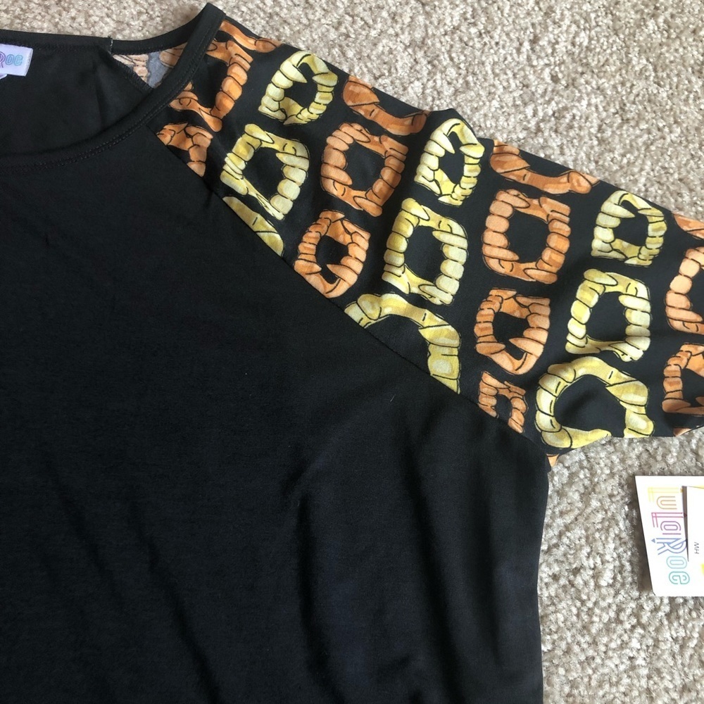 Lularoe Irma Halloween Vampire teeth tunic short sleeve shirt top orange black - Picture 4 of 6